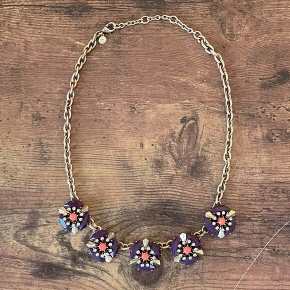 J Crew Statement Necklace Purple Coral Gold Rhinestone Crystal Cluster Retro 18" - Picture 2 of 13